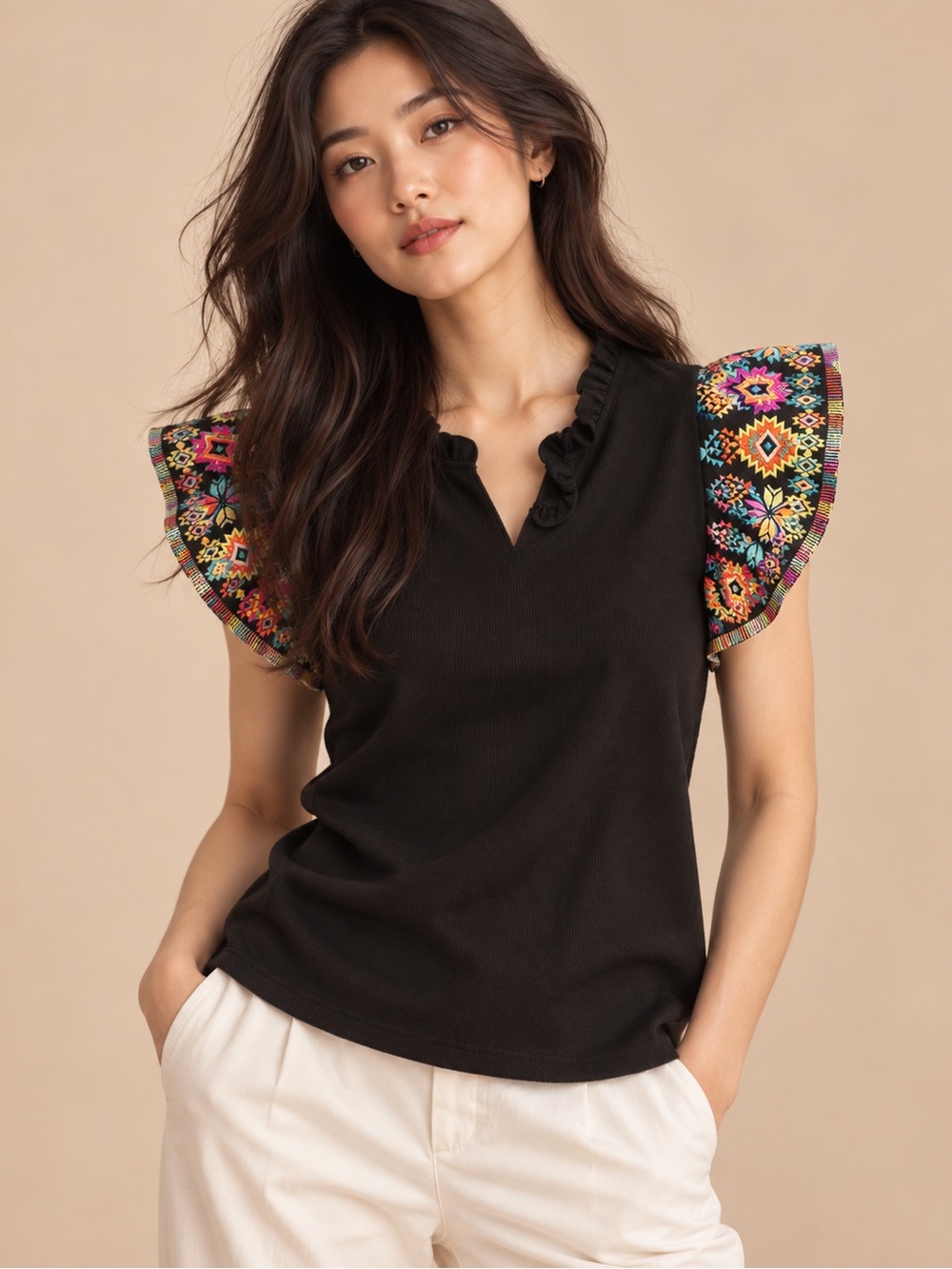 THML Black Embroidered Statement Sleeve Top Size L